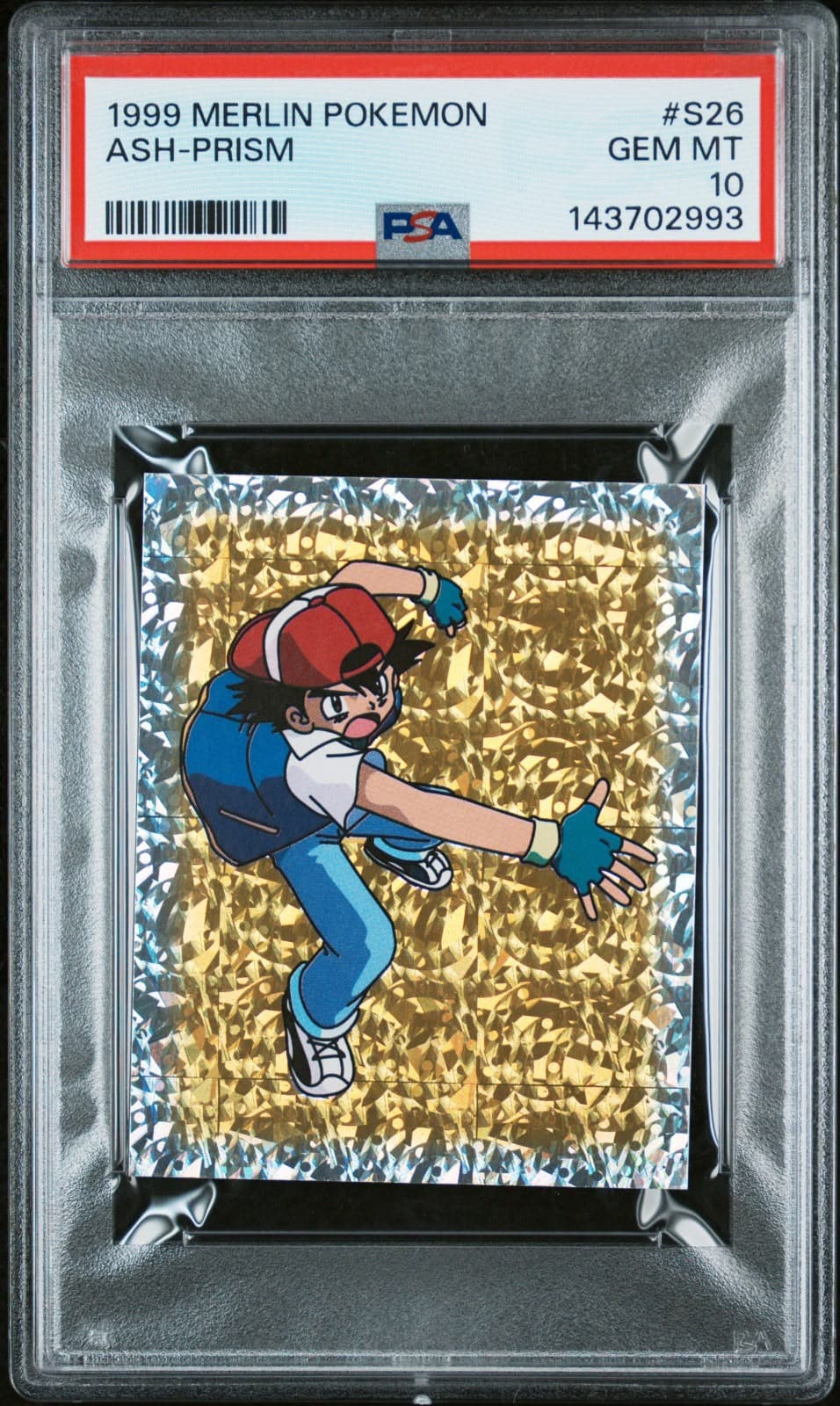קלף פוקימון מדורג PSA 10 אש — מדבקת פריזמה 1999 — Ash Prism #S26 PSA 10 Graded Card