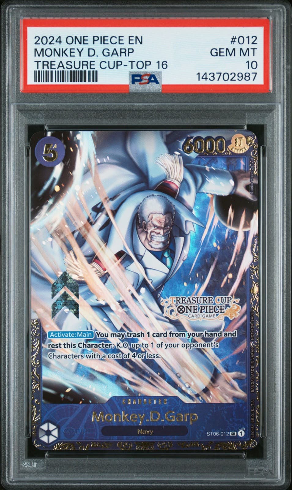 קלף וואן פיס מדורג PSA 10 מאנקי די גארפ — פרס טורניר Treasure Cup — Monkey D. Garp Treasure Cup Top 16 PSA 10 Graded Card